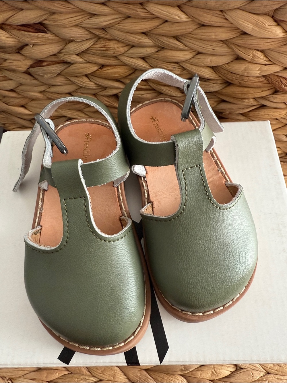 Freshly Picked Newport Sandals Kids Olive Green Leather T-Strap Sandals